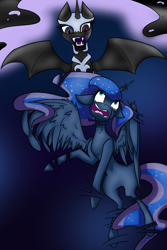 Size: 1000x1500 | Tagged: safe, artist:ask-azalea-grey, character:nightmare moon, character:princess luna, species:alicorn, species:pony, bat wings, crying, duality, duo, female, floppy ears, mare, missing accessory, open mouth, prehensile mane, spread wings, wings