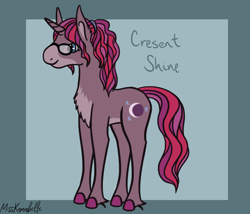 Size: 1750x1500 | Tagged: safe, artist:misskanabelle, oc, oc only, oc:cresent shine, parent:moondancer, parent:star bright, parents:moonbright, species:pony, species:unicorn, chest fluff, colored hooves, crack ship offspring, female, glasses, mare, offspring, signature, solo