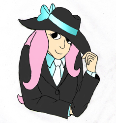 Size: 914x968 | Tagged: safe, artist:jesterofdestiny, character:fluttershy, species:human, clothing, digitally colored, dress shirt, female, hat, humanized, looking at you, necktie, ribbon, satin, silk, solo, suit, summer hat, traditional art