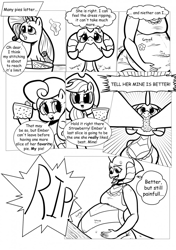 Size: 902x1280 | Tagged: safe, artist:ahobobo, character:applejack, character:princess ember, character:rarity, character:strawberry sunrise, comic:expanding relations, dragonlard ember, explicit series, fanfic art, fat, food, force feeding, grayscale, midriff, monochrome, pie, wardrobe malfunction