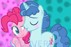 Size: 803x533 | Tagged: safe, artist:mlplover0711, base used, character:party favor, character:pinkie pie, ship:partypie, abstract background, blushing, colored pupils, eyes closed, female, hug, male, shipping, side hug, straight, watermark