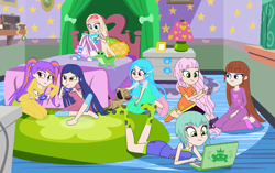 Size: 997x627 | Tagged: safe, artist:rosesweety, my little pony:equestria girls, alternate universe, astoria rapunzel, bed, bedroom, computer, equestria girls-ified, human coloration, joy lefrog, laptop computer, lingling ironfan, regal academy, rose cinderella, slumber party
