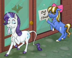 Size: 1000x800 | Tagged: safe, artist:ambergerr, artist:ambergerrart, character:rarity, oc, species:classical unicorn, species:earth pony, species:pony, species:unicorn, annoyed, bow, cloven hooves, commission, cutie mark, duo, eye clipping through hair, eyes closed, female, glowing horn, hair bow, ice cream parlor, ice cream shop, leonine tail, magic, mare, napkin, smiling, sold out, telekinesis