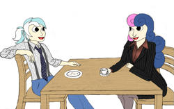 Size: 4152x2608 | Tagged: safe, artist:jesterofdestiny, derpibooru original, character:bon bon, character:lyra heartstrings, character:sweetie drops, species:human, blouse, chair, clothing, coffee, digitally colored, dress shirt, duo, humanized, jeans, looking at each other, necktie, open mouth, pants, pantyhose, pinstripes, plate, ponytail, satin, shirt, silk, simple background, sitting, skirt, skirt suit, stockings, suit, suspenders, table, thigh highs, traditional art, tube skirt, white background