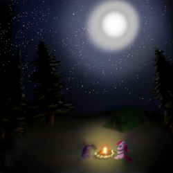 Size: 1000x1000 | Tagged: safe, artist:lamb, character:pinkie pie, character:twilight sparkle, campfire, camping, forest, moon, night, stars, tent