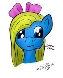Size: 580x714 | Tagged: safe, artist:tjarvinengts, derpibooru original, oc, oc:cuteamena, species:pony, bow, chewing, eating, female, mare, solo