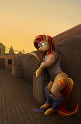 Size: 650x1000 | Tagged: safe, artist:geoffrey mcdermott, character:sunset shimmer, species:pony, species:unicorn, clothing, glasses, human to pony, standing, sunset, transformation