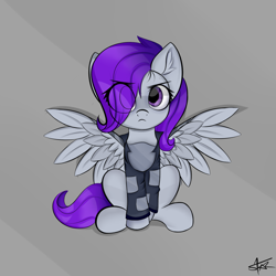 Size: 1600x1600 | Tagged: safe, artist:starmaster, oc, oc only, oc:morning glory (project horizons), species:pegasus, species:pony, fallout equestria, fallout equestria: project horizons, eye clipping through hair, fanfic art, female, mare, simple background, sitting, solo, spread wings, wings