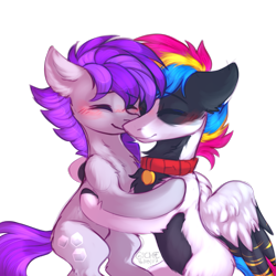 Size: 4000x4000 | Tagged: safe, artist:gicme, oc, oc only, oc:tender sugarcube, species:earth pony, species:pegasus, species:pony, collar, female, hug, male, mare, simple background, stallion, transparent background