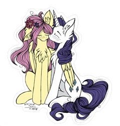 Size: 1481x1547 | Tagged: safe, artist:schizoidtomii, character:fluttershy, character:rarity, species:pegasus, species:pony, species:unicorn, ship:rarishy, blushing, chest fluff, curls, curly, curly hair, curly mane, curly tail, cute, ears, eyes closed, female, floppy ears, flower, flower in hair, fluffy, horn, hug, kiss on the cheek, kissing, lesbian, mare, one ear down, outline, shipping, simple background, sitting, transparent background, white outline, winghug, wings
