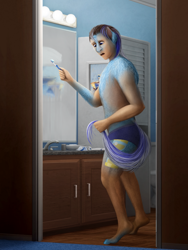 Size: 750x1000 | Tagged: safe, artist:geoffrey mcdermott, character:minuette, species:human, species:pony, species:unicorn, bathroom, clothing, doorway, human to pony, looking down, male to female, mirror, open mouth, rule 63, sink, solo, standing, tail hold, toothbrush, transformation, transgender transformation, underwear