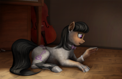 Size: 1000x650 | Tagged: safe, artist:geoffrey mcdermott, character:octavia melody, species:earth pony, species:pony, bow tie, cello, clothing, crying, human to pony, musical instrument, piano, prone, raised hoof, ripping clothes, skirt, solo, stockings, thigh highs, transformation, watch, wristwatch