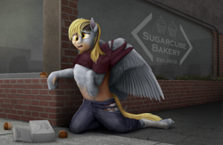 Size: 1000x650 | Tagged: safe, artist:geoffrey mcdermott, character:derpy hooves, species:pegasus, species:pony, bakery, box, clothing, derpy day, derpy day 2018, food, human to pony, kneeling, muffin, pants, ripping clothes, shirt, socks, solo, transformation