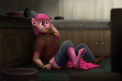 Size: 1000x664 | Tagged: safe, artist:geoffrey mcdermott, character:pinkie pie, species:earth pony, species:pony, clothing, counter, frog (hoof), human to pony, kitchen, open mouth, pants, pots, ripping clothes, shirt, shoes, sitting, solo, transformation, underhoof