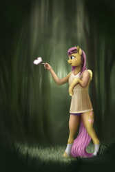 Size: 666x1000 | Tagged: safe, artist:geoffrey mcdermott, character:fluttershy, species:pegasus, species:pony, butterfly, clothing, dress, forest, human to pony, reaching, ripping clothes, socks, solo, standing, transformation, underwear