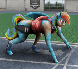 Size: 1000x888 | Tagged: safe, artist:geoffrey mcdermott, character:rainbow dash, species:pegasus, species:pony, all fours, clothing, human to pony, male to female, open mouth, rainbow dash day, ripping clothes, rule 63, runner, running track, shirt, shoes, shorts, solo, story included, transformation, transgender transformation