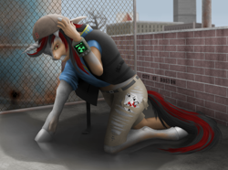 Size: 1000x743 | Tagged: safe, artist:geoffrey mcdermott, oc, oc only, oc:blackjack, species:pony, species:unicorn, fallout equestria, fallout equestria: project horizons, baseball cap, boston, cap, clothing, crossover, fallout, fallout 4, fanfic art, fence, gritted teeth, hand on head, hat, human to pony, jacket, kneeling, pipboy, radiation, ripping clothes, shirt, shorts, sole survivor, solo, transformation, wall