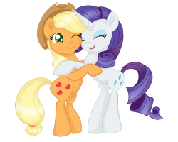 Size: 1024x819 | Tagged: safe, artist:sparkleshadow, character:applejack, character:rarity, species:earth pony, species:pony, species:unicorn, ship:rarijack, bipedal, cute, eyes closed, eyeshadow, female, hug, jackabetes, lesbian, makeup, one eye closed, open mouth, raribetes, shipping, simple background, transparent background