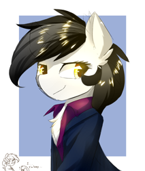 Size: 1700x2000 | Tagged: safe, artist:morningbullet, oc, oc only, oc:noot, species:bird, species:penguin, species:pony, bust, chest fluff, clothing, female, mare, shirt, smiling, solo focus