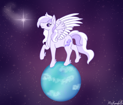 Size: 1750x1500 | Tagged: safe, artist:misskanabelle, oc, oc only, oc:starstorm slumber, species:pegasus, species:pony, female, macro, planet, pony bigger than a planet, solo, space, stars