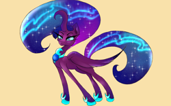 Size: 1920x1200 | Tagged: safe, artist:zomixnu, character:princess luna, species:pony, alternate design, curved horn, ethereal mane, female, galaxy mane, gradient background, horn, simple background, solo, yellow background