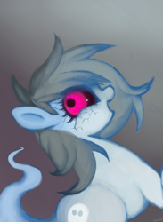 Size: 1100x1500 | Tagged: safe, artist:colochenni, oc, oc only, oc:nippy goosebump, species:pony, /mlp/, colored sclera, creepy, creepypasta, description is relevant, drawthread, female, ghost, ghost pony, gradient background, looking at you, mare, monster pony, open mouth, request, solo, spooky, spoopy, zalgo