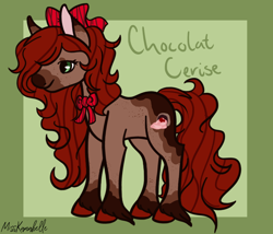 Size: 1750x1500 | Tagged: safe, artist:misskanabelle, oc, oc:chocolat cerise, parent:cherry jubilee, parent:trouble shoes, parents:cherryshoes, species:earth pony, species:pony, bow, female, hair bow, mare, offspring, ribbon, signature, solo, unshorn fetlocks