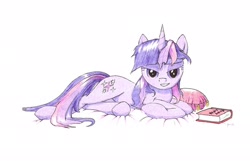Size: 2086x1345 | Tagged: safe, artist:philo5, character:twilight sparkle, character:twilight sparkle (unicorn), species:pony, species:unicorn, bedroom eyes, book, female, looking at you, lying down, mare, messy mane, pony sutra, prone, seductive pose, sin of lust, solo, traditional art