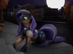 Size: 1000x750 | Tagged: safe, artist:geoffrey mcdermott, character:nightmare rarity, character:rarity, species:pony, species:unicorn, bucket, clothing, commission, cutie mark, eyeshadow, female, full moon, glasses, glow, halloween, holiday, horn ring, human to pony, jewelry, makeup, male to female, mare, moon, necklace, night, open mouth, outdoors, pants, pumpkin, rule 63, solo, street, tiara, transformation, transgender transformation, tree, urban