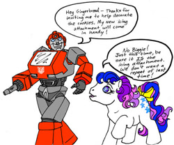 Size: 504x420 | Tagged: safe, artist:foxspotted, character:gingerbread, species:twinkle eyed pony, g1, autobot, bow, crossover, dialogue, duo, ironhide, multicolored hair, simple background, smiling, speech, speech bubble, tail bow, transformers, white background