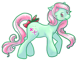 Size: 900x704 | Tagged: safe, artist:cloverminto, character:minty, species:earth pony, species:pony, g3, bow, female, floppy ears, g3 to g4, generation leap, mare, outline, simple background, solo, tail bow, transparent background