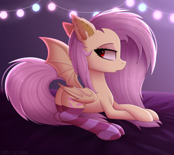 Size: 1938x1726 | Tagged: safe, alternate version, artist:imbirgiana, character:flutterbat, character:fluttershy, species:bat pony, species:pony, episode:bats!, g4, my little pony: friendship is magic, bat ears, bat ponified, bat wings, bedroom eyes, butt, clothing, eyebrows, fangs, female, looking back, lying down, mare, one wing out, open mouth, plot, race swap, sharp teeth, signature, socks, solo, striped socks, tail, tail aside, wings