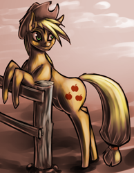 Size: 600x774 | Tagged: safe, artist:countaile, character:applejack, species:earth pony, species:pony, clothing, female, fence, hat, looking back, mare, solo