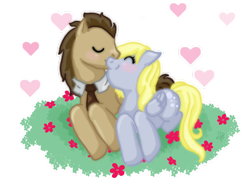 Size: 800x600 | Tagged: safe, artist:cloverminto, character:derpy hooves, character:doctor whooves, character:time turner, species:earth pony, species:pegasus, species:pony, ship:doctorderpy, blushing, eyes closed, female, heart, male, mare, nuzzling, prone, shipping, stallion, straight