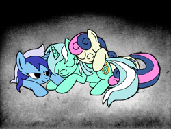 Size: 4160x3120 | Tagged: safe, artist:jesterofdestiny, character:bon bon, character:lyra heartstrings, character:minuette, character:sweetie drops, species:earth pony, species:pony, species:unicorn, best friends, butt pillow, cuddle puddle, cuddling, dark background, digitally colored, eyes closed, female, friendshipping, lidded eyes, lying down, pony pile, sleeping, smiling, snuggling, traditional art, trio