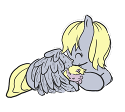 Size: 993x888 | Tagged: safe, artist:cloverminto, character:derpy hooves, character:dinky hooves, species:pegasus, species:pony, species:unicorn, cute, derpabetes, dinkabetes, equestria's best mother, eyes closed, female, filly, hug, mare, mother and daughter, outline, prone, sleeping, snuggling, wing blanket, winghug