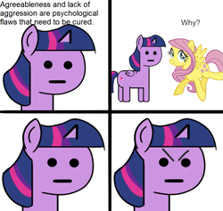 Size: 1069x1015 | Tagged: safe, artist:colochenni, edit, character:fluttershy, character:twilight sparkle, character:twilight sparkle (alicorn), species:alicorn, species:pegasus, species:pony, :|, angry, anonymous editor, comic, dank memes, duo, female, frown, glare, mare, npc, npc meme, open mouth, raised leg, simple background, smiling, spread wings, stock vector, stylistic suck, white background, wings