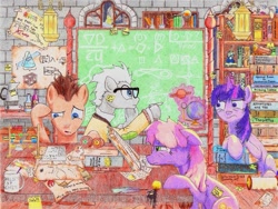 Size: 2183x1643 | Tagged: safe, artist:philo5, character:cheerilee, character:doctor whooves, character:smarty pants, character:time turner, character:twilight sparkle, character:zecora, species:zebra, abacus, book, chalkboard, coffee, covalent bond, divide by zero, equation, math, messy mane, scroll, sticky note, traditional art