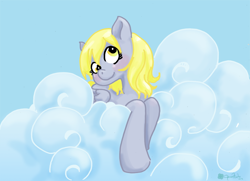 Size: 820x594 | Tagged: safe, artist:cloverminto, character:derpy hooves, species:pegasus, species:pony, cloud, female, head tilt, mare, prone, solo