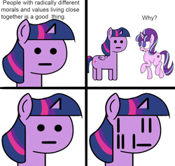 Size: 1069x1015 | Tagged: safe, artist:colochenni, editor:zizzydizzymc, character:starlight glimmer, character:twilight sparkle, character:twilight sparkle (alicorn), species:alicorn, species:pony, species:unicorn, comic, crossing the memes, drawthread, duo, equal cutie mark, equalized mane, female, loss (meme), loss edit, mare, meme, npc, npc meme, ponified, s5 starlight, simple background, stylistic suck