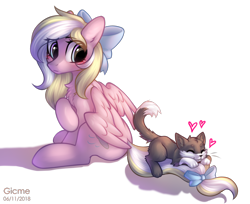 Size: 1690x1380 | Tagged: safe, artist:gicme, oc, oc only, oc:bay breeze, species:pegasus, species:pony, blushing, bow, cat, chest fluff, cute, female, hair bow, mare, simple background, tail bow, transparent background, ych result