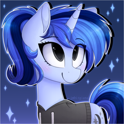 Size: 1280x1280 | Tagged: safe, artist:imbirgiana, oc, oc only, oc:imbirgiana, species:pony, species:unicorn, abstract background, blushing, clothing, cute, female, looking up, mare, signature, smiling, solo, stars, sweater, watermark