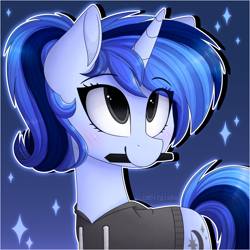Size: 1280x1280 | Tagged: safe, artist:imbirgiana, oc, oc only, oc:imbirgiana, species:pony, species:unicorn, abstract background, blushing, clothing, cute, female, looking up, mare, mouth hold, pencil, smiling, stars, sweater, watermark