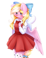 Size: 2000x2517 | Tagged: safe, artist:sweesear, oc, oc only, oc:bay breeze, species:anthro, species:pegasus, species:pony, blushing, bow, cat socks, chibi, clothing, cute, dress, female, hair bow, mare, simple background, socks, tail bow, white background