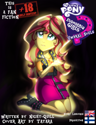 Size: 1024x1336 | Tagged: safe, artist:tatara94, character:sunset shimmer, fanfic:umbral souls, my little pony:equestria girls, adult content warning, black background, commission, cover, cover art, equestria girls logo, fanfic art, geode of empathy, kneeling, looking up, magic glow, magical geodes, simple background, worried