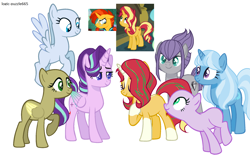 Size: 2056x1344 | Tagged: safe, alternate version, artist:the-75th-hunger-game, base used, character:maud pie, character:starlight glimmer, character:sunburst, character:sunset shimmer, character:trixie, species:alicorn, species:pegasus, species:pony, species:unicorn, alicornified, alternate hairstyle, alternate timeline, alternate universe, base, deuterverse, flying, race swap, starlicorn, wip, xk-class end-of-the-world scenario