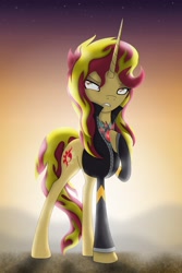 Size: 2584x3864 | Tagged: safe, artist:omnisimon11, character:sunset shimmer, species:pony, species:unicorn, alicorn amulet, clothing, equestria girls outfit, female, high res, horn, jacket, mare, sharp horn, solo, sunset