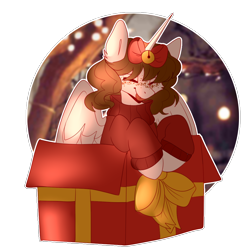 Size: 1040x1046 | Tagged: safe, artist:teapup, oc, oc only, oc:faerie, species:alicorn, species:pony, aesthetic, alicorn oc, christmas, female, holiday, jumper, mare, present, simple background, solo, tongue out, transparent background, tumblr, winter