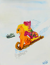 Size: 600x785 | Tagged: safe, artist:z1ar0, character:applejack (g1), episode:up up and away, g1, my little pony tales, duo, sled, sledding, snow, twice as fancy ponies, winter