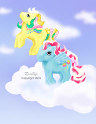 Size: 600x777 | Tagged: safe, artist:z1ar0, species:pegasus, species:pony, g1, bow, candy cane pony, cloud, duo, flying, rainbow curl pony, ringlet (g1 rainbow curl), sugar apple, tail bow